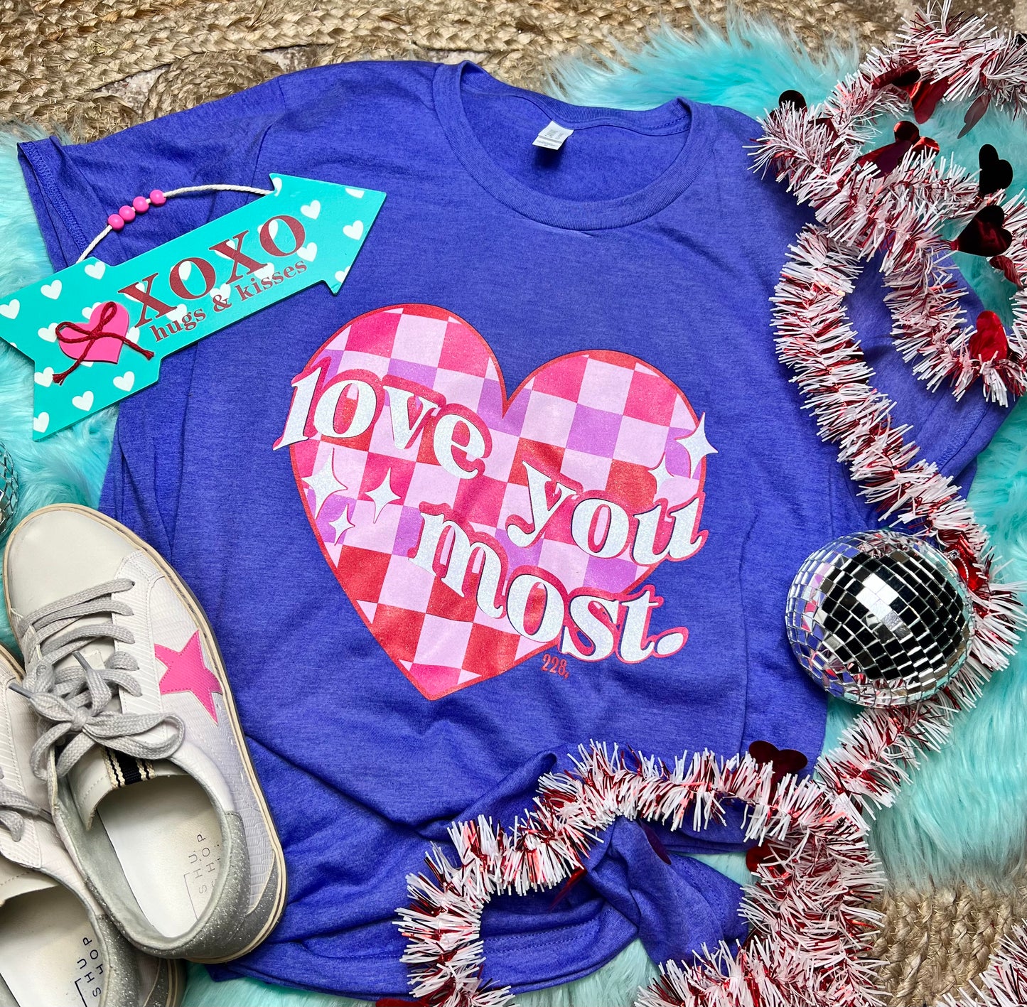 Love You Most Checkered Glitter Valentine's Tee